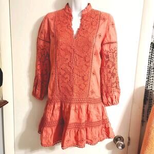 Temptation Positano OLIVINA Eyelet Mini Dress XS Coral Orange Made Italy Resort
